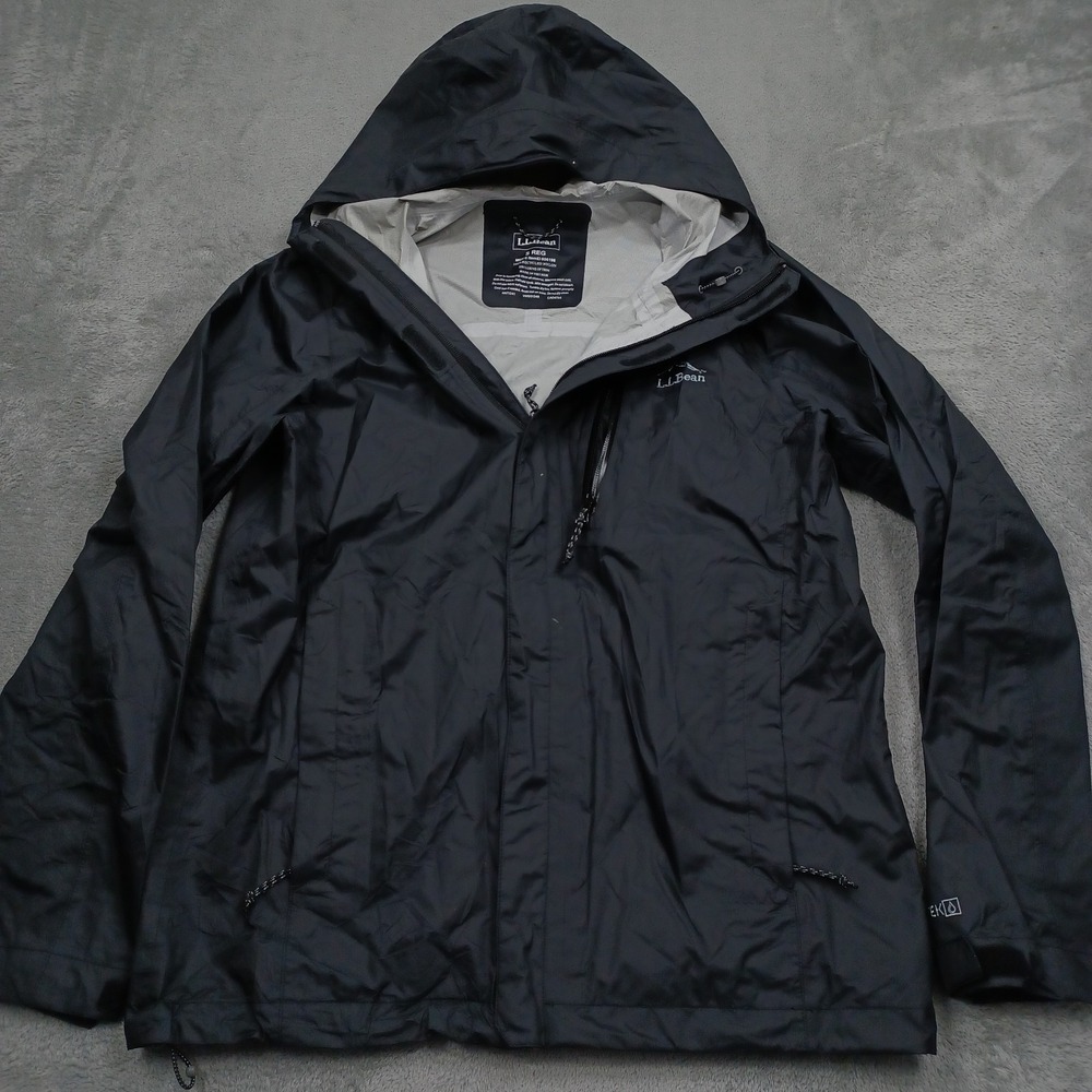 LL Bean Jacket Mens Small Black Trail Rain Full Zip Hooded Outdoor Pockets